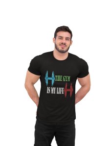 The Gym Is My Life, (BG Blue and Red), Round Neck Gym Tshirt (Black Tshirt) - Clothes for Gym Lovers - Suitable for Gym Going Person - Foremost Gifting Material for Your Friends and Close Ones