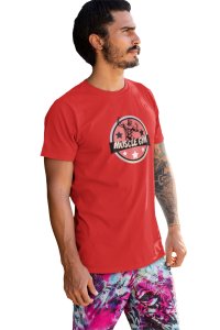 Muscle Gym, Star Background, (BG Orange), Round Neck Gym Tshirt (Red Tshirt) - Clothes for Gym Lovers - Suitable for Gym Going Person - Foremost Gifting Material for Your Friends and Close Ones