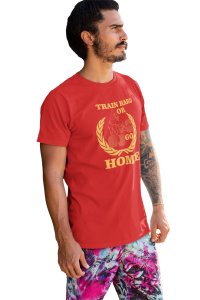 Train Hard or Go Home Round Neck Gym Tshirt (BG Golden and Red) (Red Tshirt) - Clothes for Gym Lovers - Suitable for Gym Going Person - Foremost Gifting Material for Your Friends and Close Ones