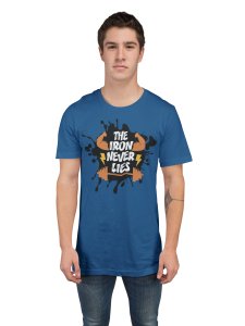 The Iron Never Lies, (BG Blue, Brown and Black), Round Neck Gym Tshirt (Blue Tshirt) - Clothes for Gym Lovers - Suitable for Gym Going Person - Foremost Gifting Material for Your Friends and Close Ones