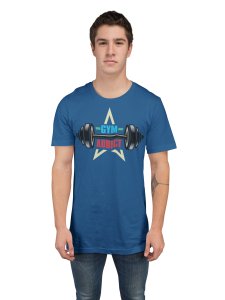 Gym Addict, (BG Blue, Red and Yellow), Barbell In Middle, Round Neck Gym Tshirt (Blue Tshirt) - Clothes for Gym Lovers - Suitable for Gym Going Person - Foremost Gifting Material for Your Friends and Close Ones