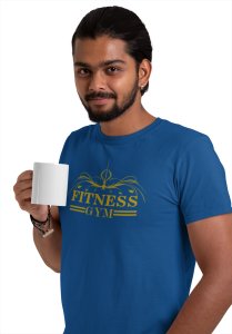 Fitness Gym, 2 Dashes, (BG Golden), Round Neck Gym Tshirt (Blue Tshirt) - Clothes for Gym Lovers - Suitable for Gym Going Person - Foremost Gifting Material for Your Friends and Close Ones