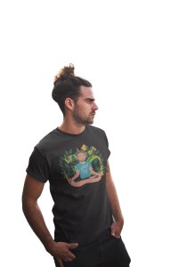 A Young Man - Cartoon - Sitting In Front Of Om Symbol, (BG Green And Yellow), Round Neck Tshirt - Clothes for Yoga Lovers - Suitable For Regular Yoga Going People - Foremost Gifting Material for Your Friends and Close Ones