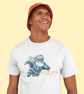 Gen-z Santa At Service : Printed T-shirt (White) Best Gift For Boys Girls